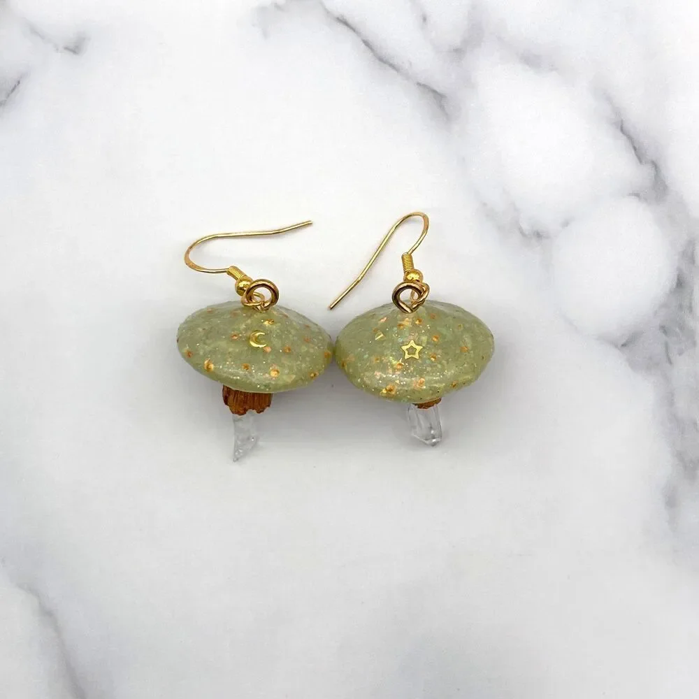 Green Mushroom Quartz Crystal Earrings | Polymer Clay Dangle with Moon and Star